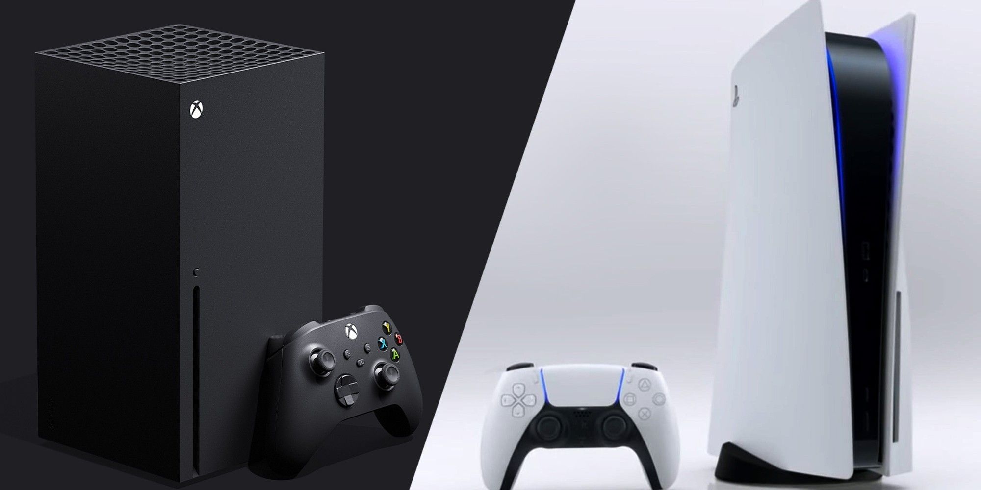Xbox Series X and PlayStation 5 consoles with controllers