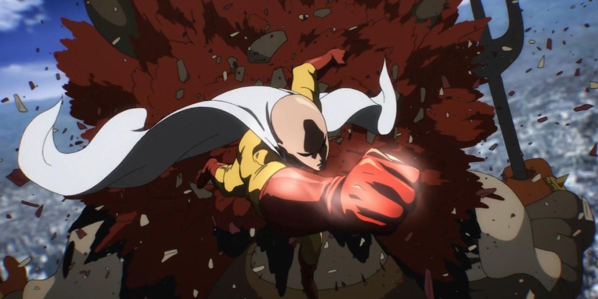 Saitama esmagando a cabeça de Pluton