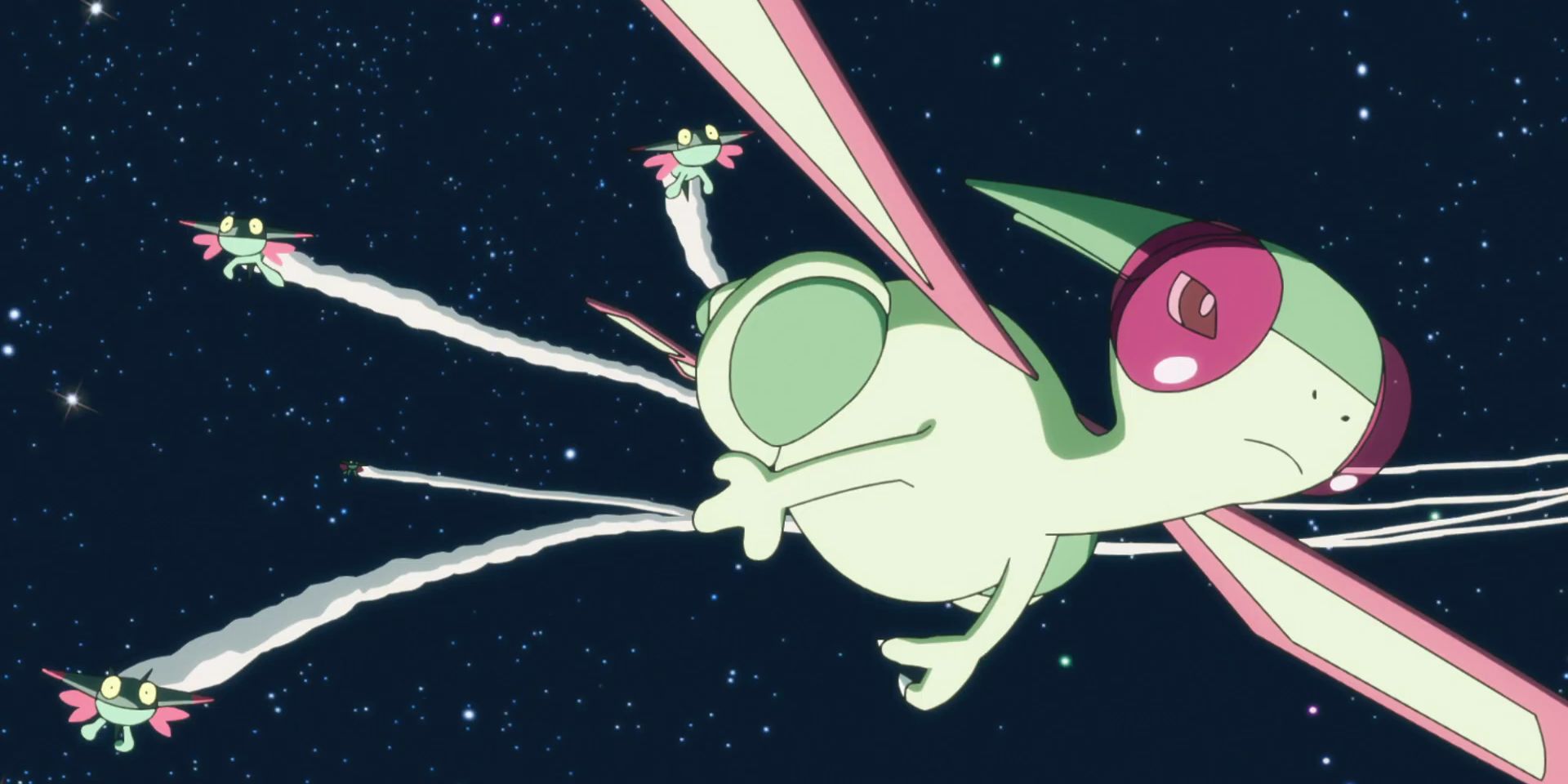 Flygon soaring through the air with Dreepy behind it in the Twilight Wings anime.