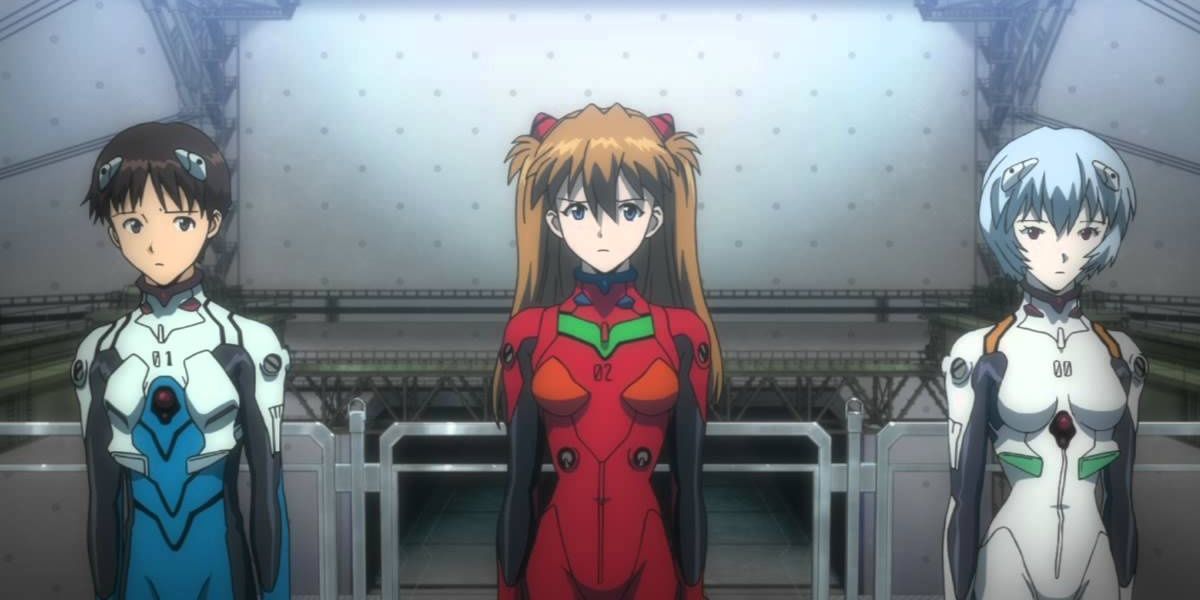 Shinji, Asuka, and Rei lined up in their EVA plug suits (Neon Genesis Evangelion)