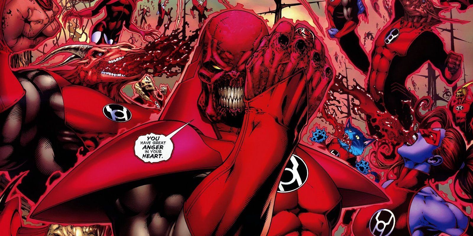 The Red Lantern Corps leader Atrocitus surrounded by his Red Lanterns in DC Comics