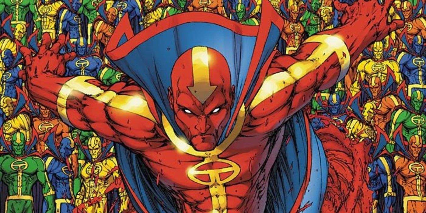 Red Tornado flies down with a legion of similar characters behind him in DC Comics