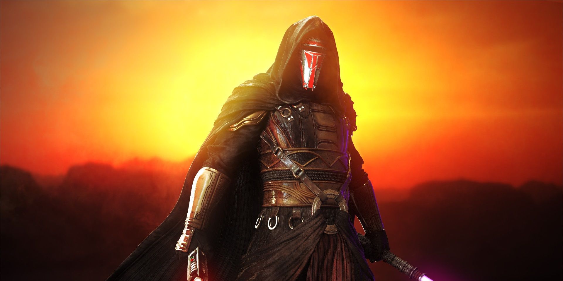 Darth Revan against a sunset in Star Wars: Knights of the Old Republic