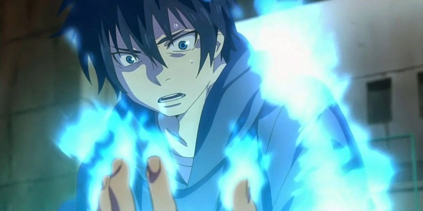 Rin Okumura glowing and scared in Blue Exorcist.