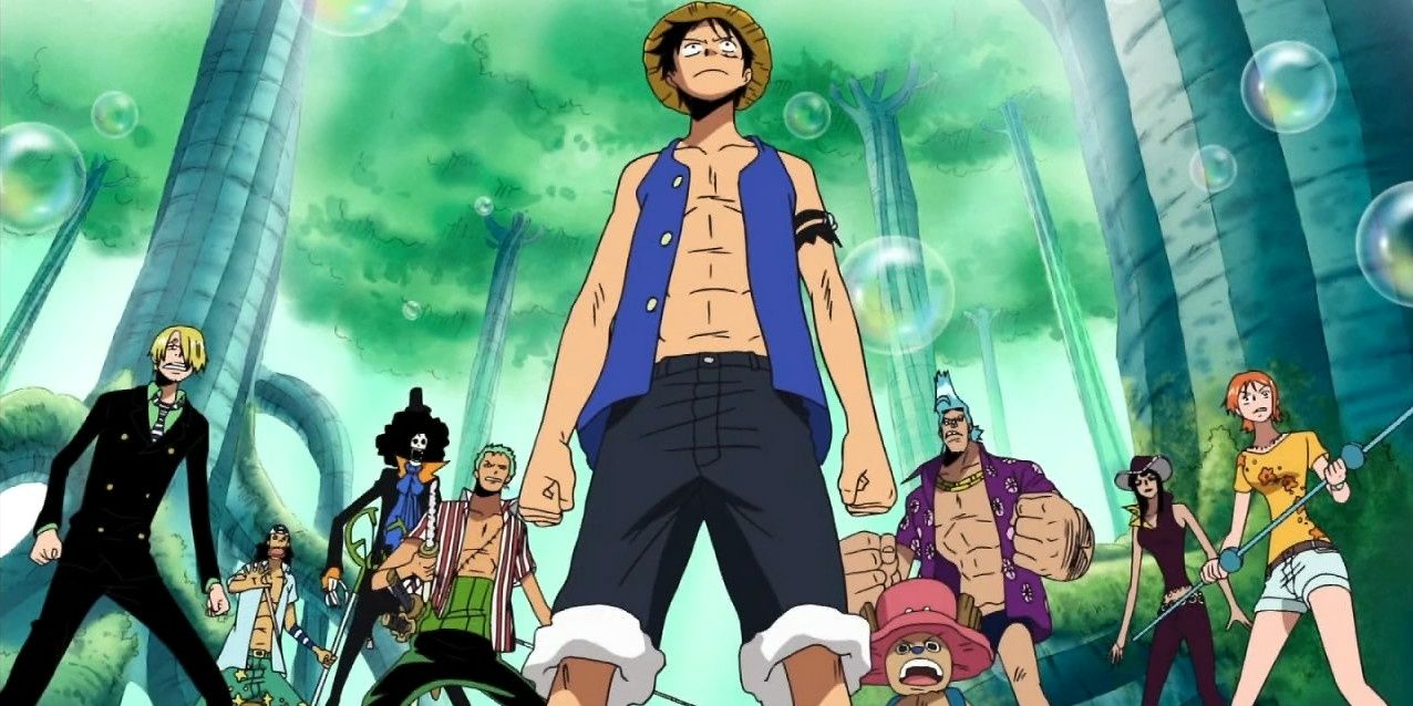 Luffy and his straw hat crew stand together at the Sabaody archipelago