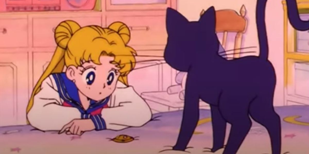 Usagi Tsukino from Sailor Moon receiving her brooch from Luna.