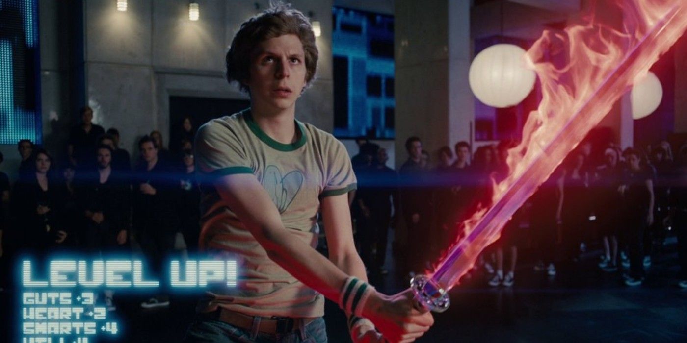 O texto para subir de nível aparece enquanto Scott Pilgrim empunha uma espada flamejante