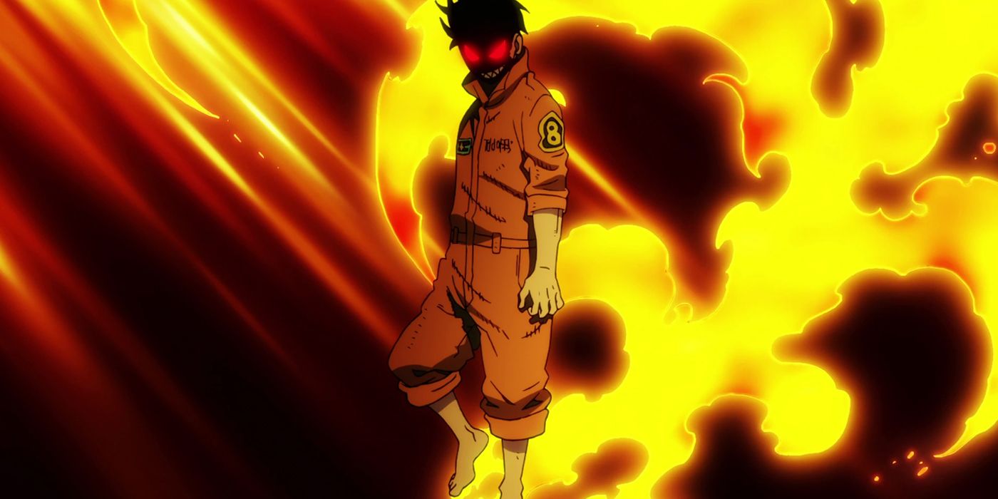 Shinra standing in front of flames