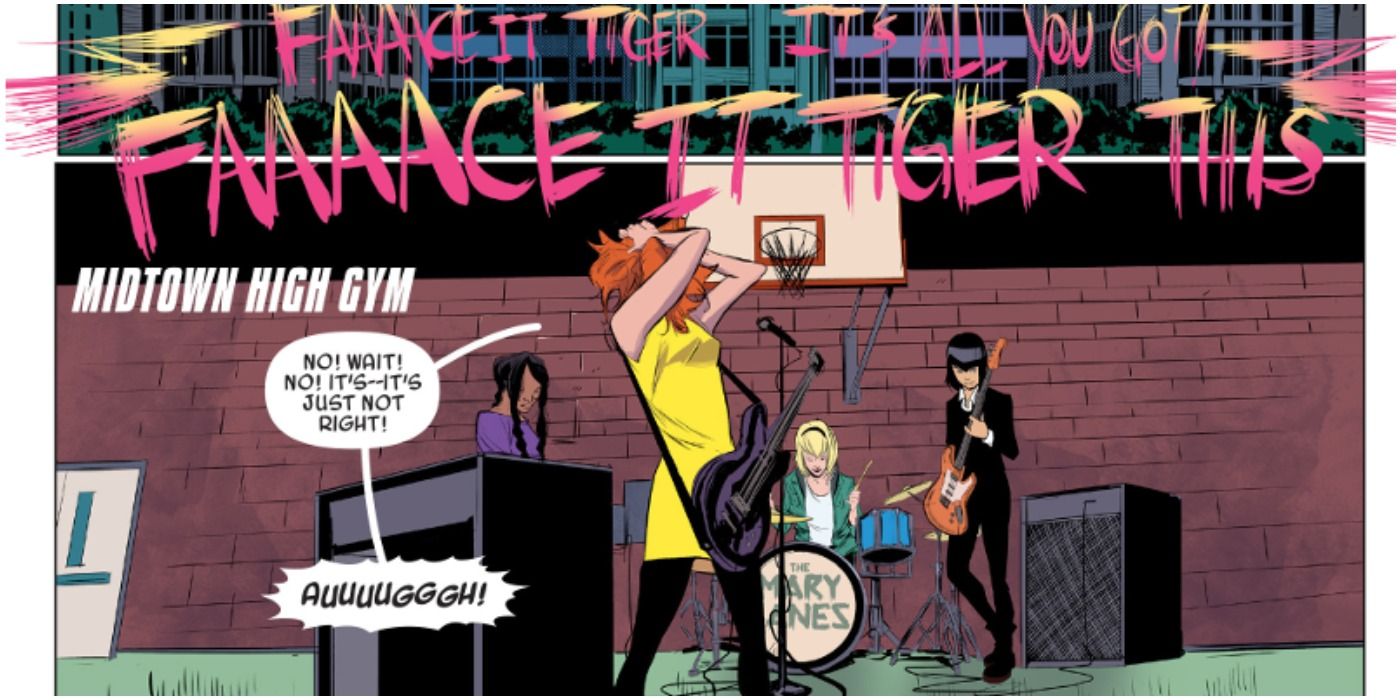 Gwen Stacy pratica com sua banda Mary Janes em Spider-Gwen