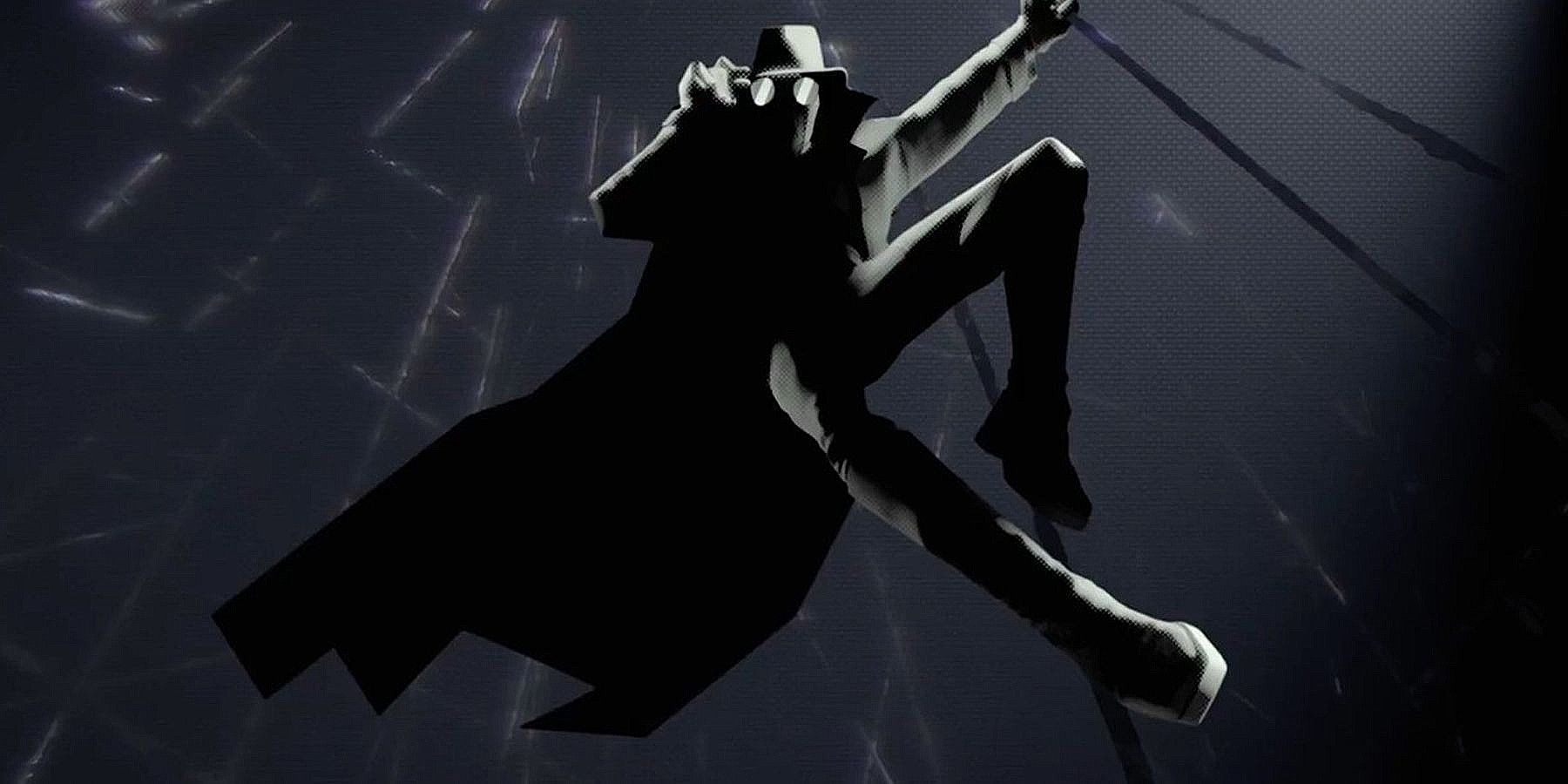 Spider-Man Noir (Nicolas Cage) adjusts his hat while swinging on a web in Into the Spider-Verse