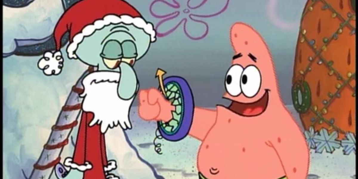 Squidward dressed as santa claus with Patrick in SpongeBob