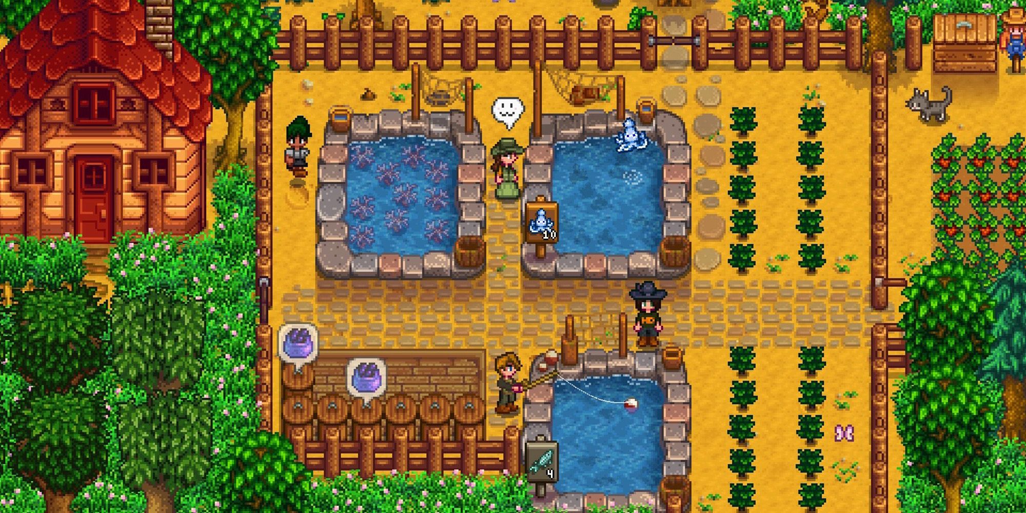 Four players collecting from fishing ponds in Stardew Valley