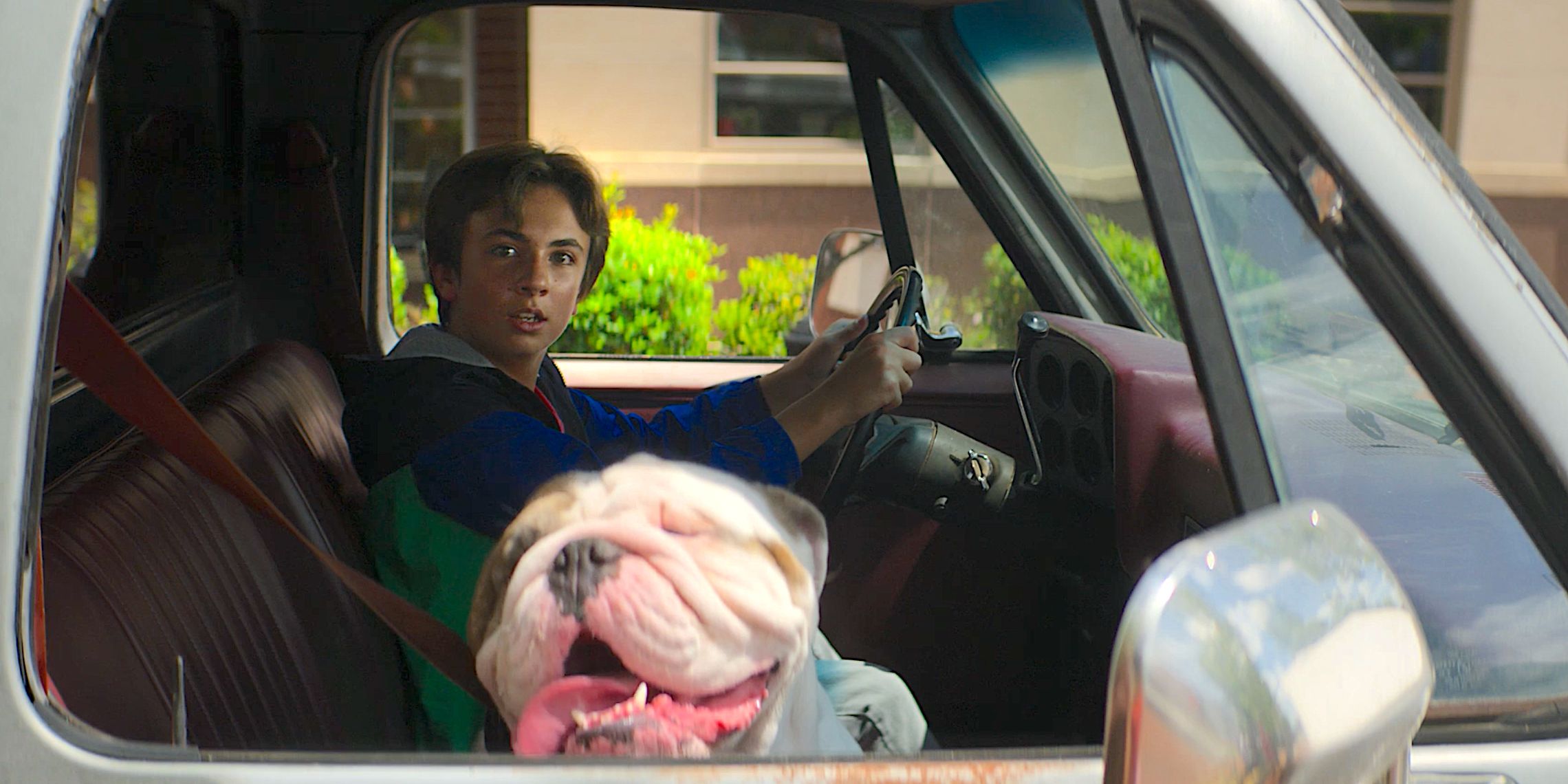 Mike sitting in the driver seat of a white pickup truck with a bulldog in the passenger seat.