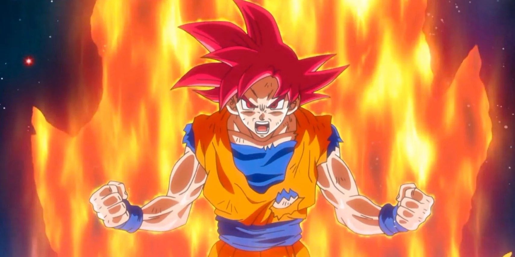 Goku powers up into his Super Saiyan God state in Dragon Ball Super