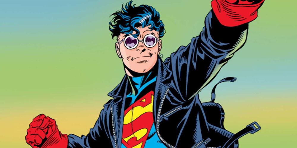 An image of Superboy grinning while wearing shades and his classic jacket
