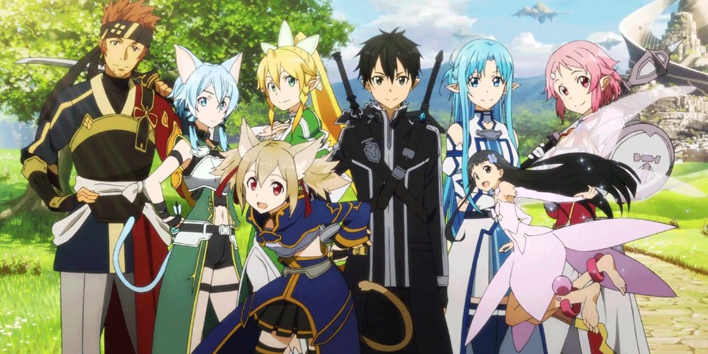 Kazuto in the center of the Sword Art Online Fairy Dance arc cast.