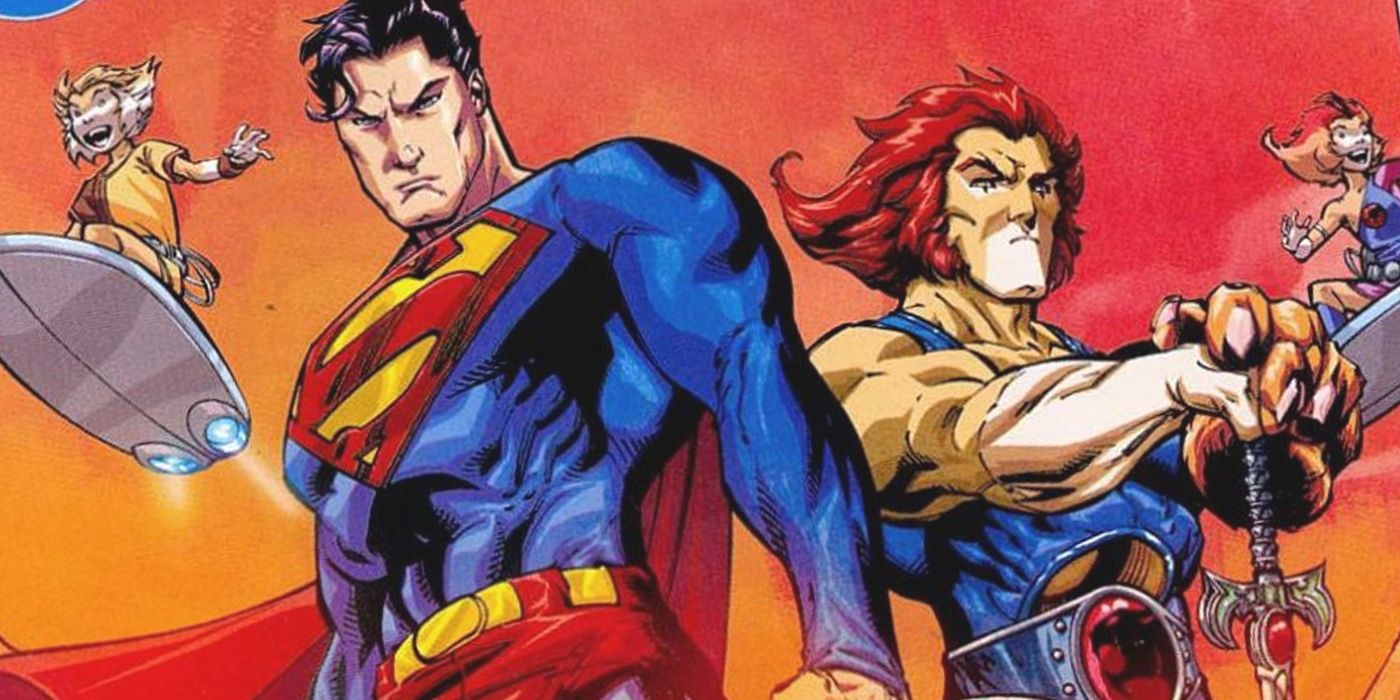 The Thundercats and Superman pose on a comics cover.