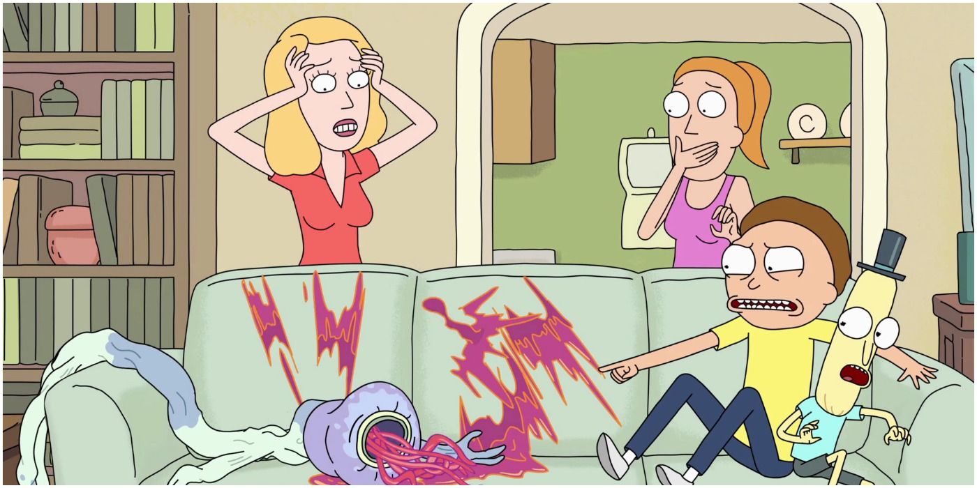 A chaotic living room scene with an alien looking thing in "Total Rickall" episode Rick and Morty.
