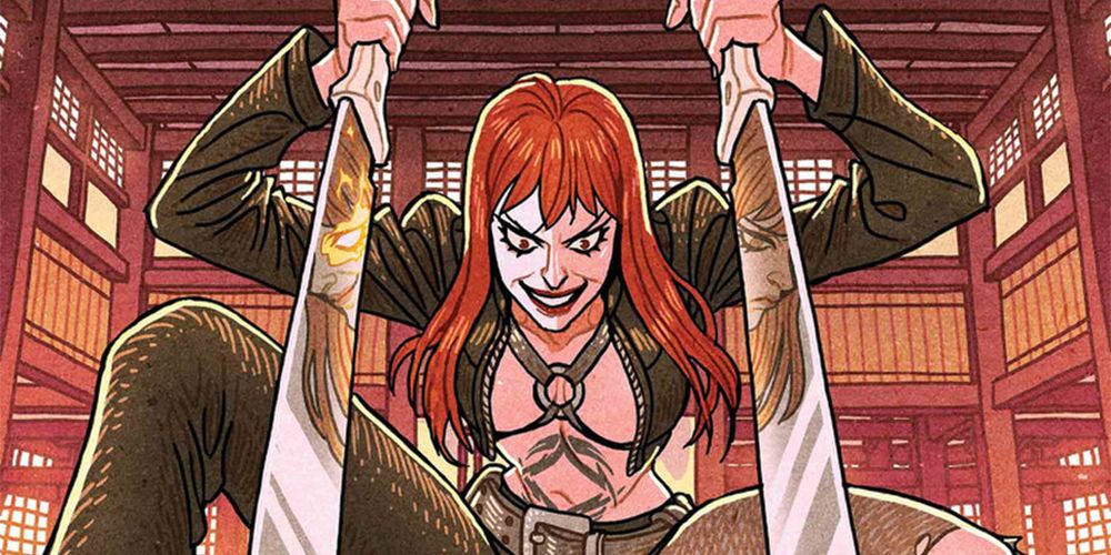 Typhoid Mary smiling with her swords