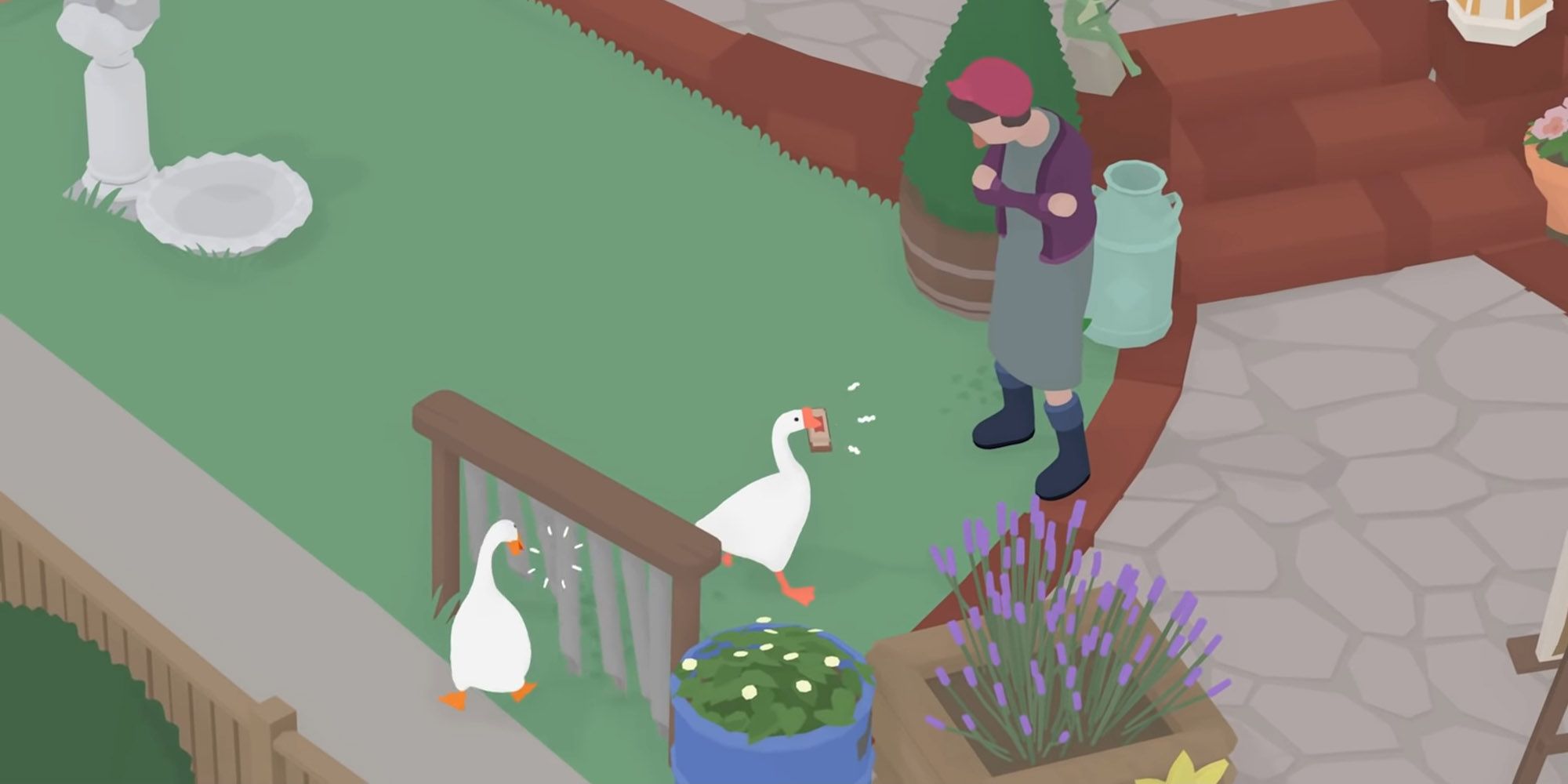 The Goose honking at a woman in Untitled Goose Game.