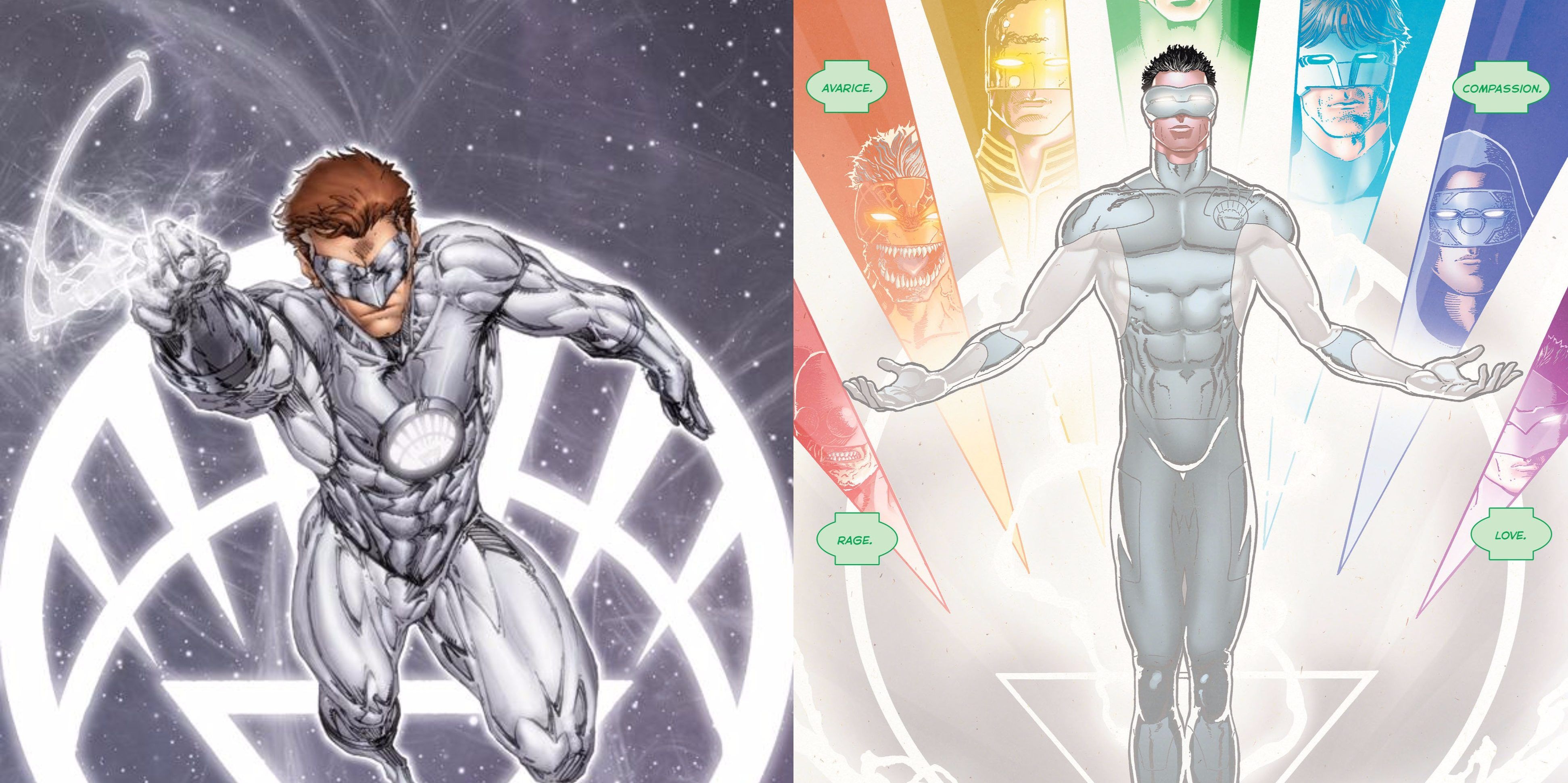 A split image of Hal Jordan and Kyle Rayner as White Lanterns in DC Comics