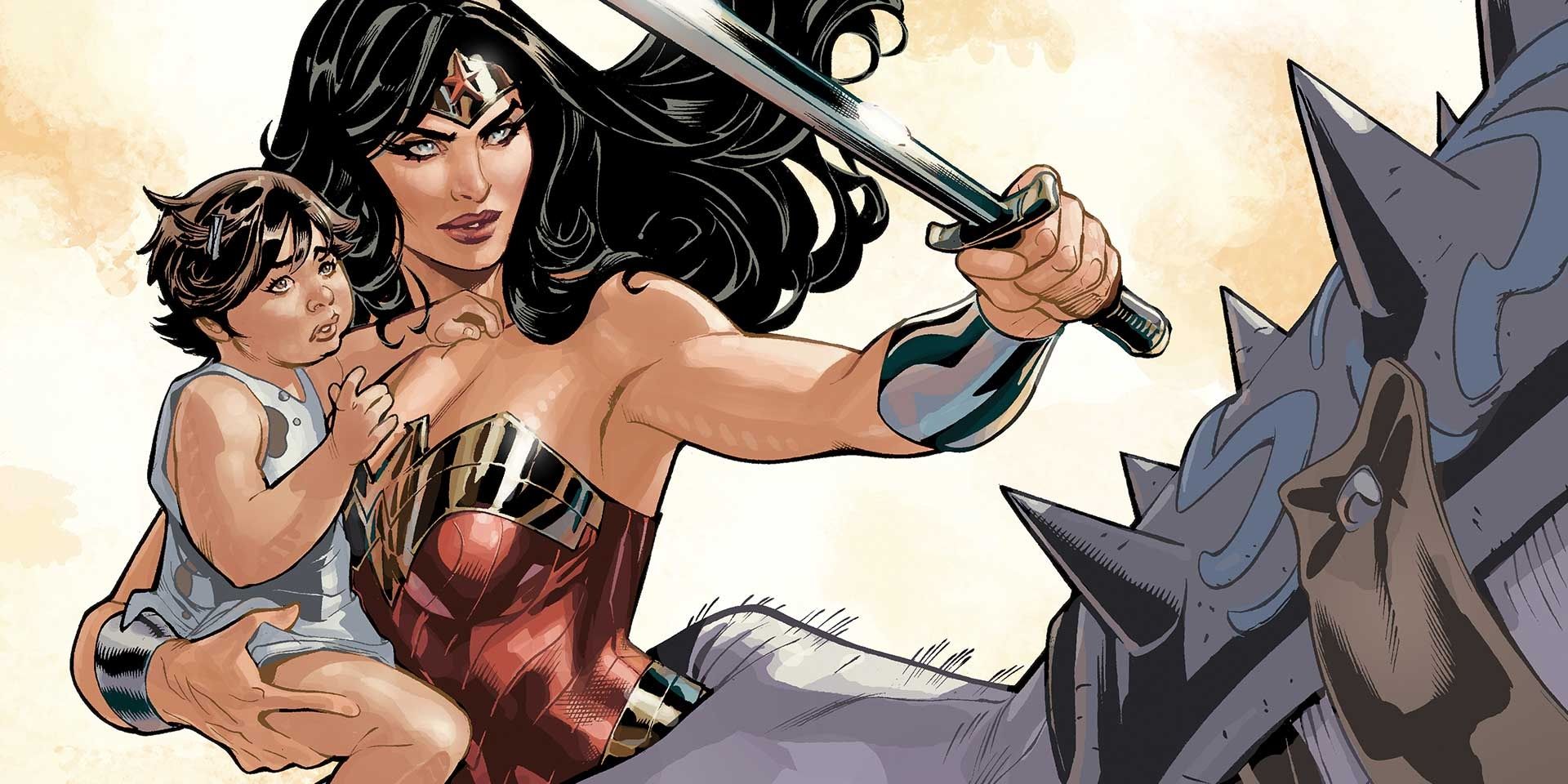 Wonder Woman with a sword, protecting a child