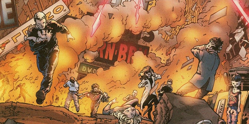 The destruction of Genosha, as people run from the fire in New X-Men #115