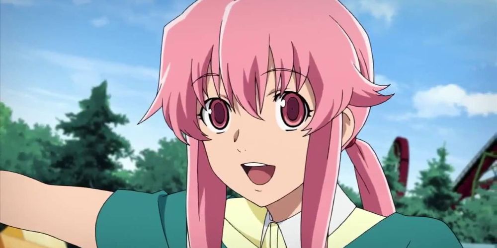 Future Diary's Yuno smiling because Yukki is with her.
