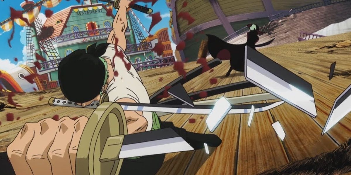 Dracule Mihawk defeating Roronoa Zoro during the events of One Piece's Baratie Arc