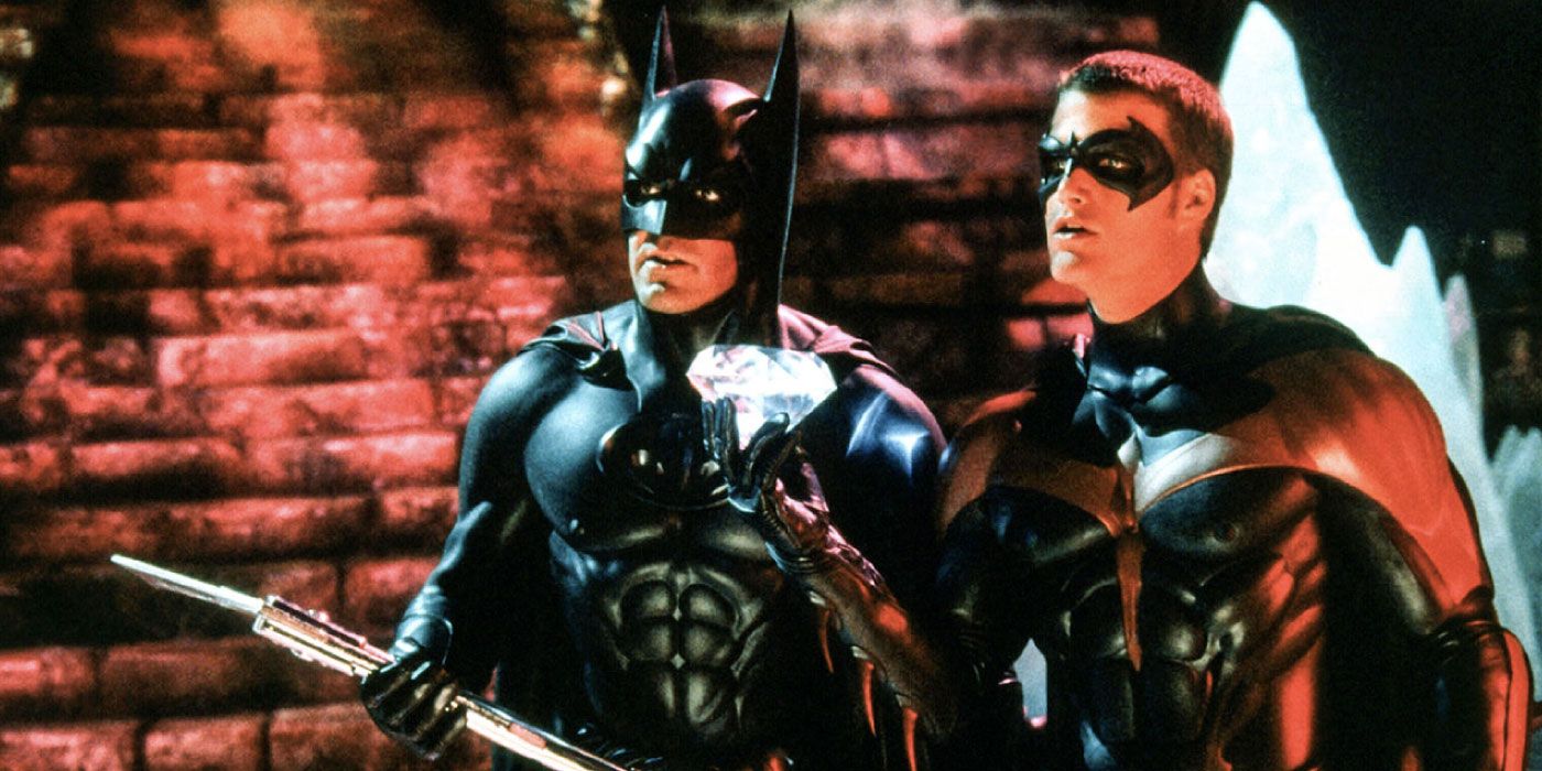 George Clooney and Chris O'Donnell as Batman and Robin, who look surprised 