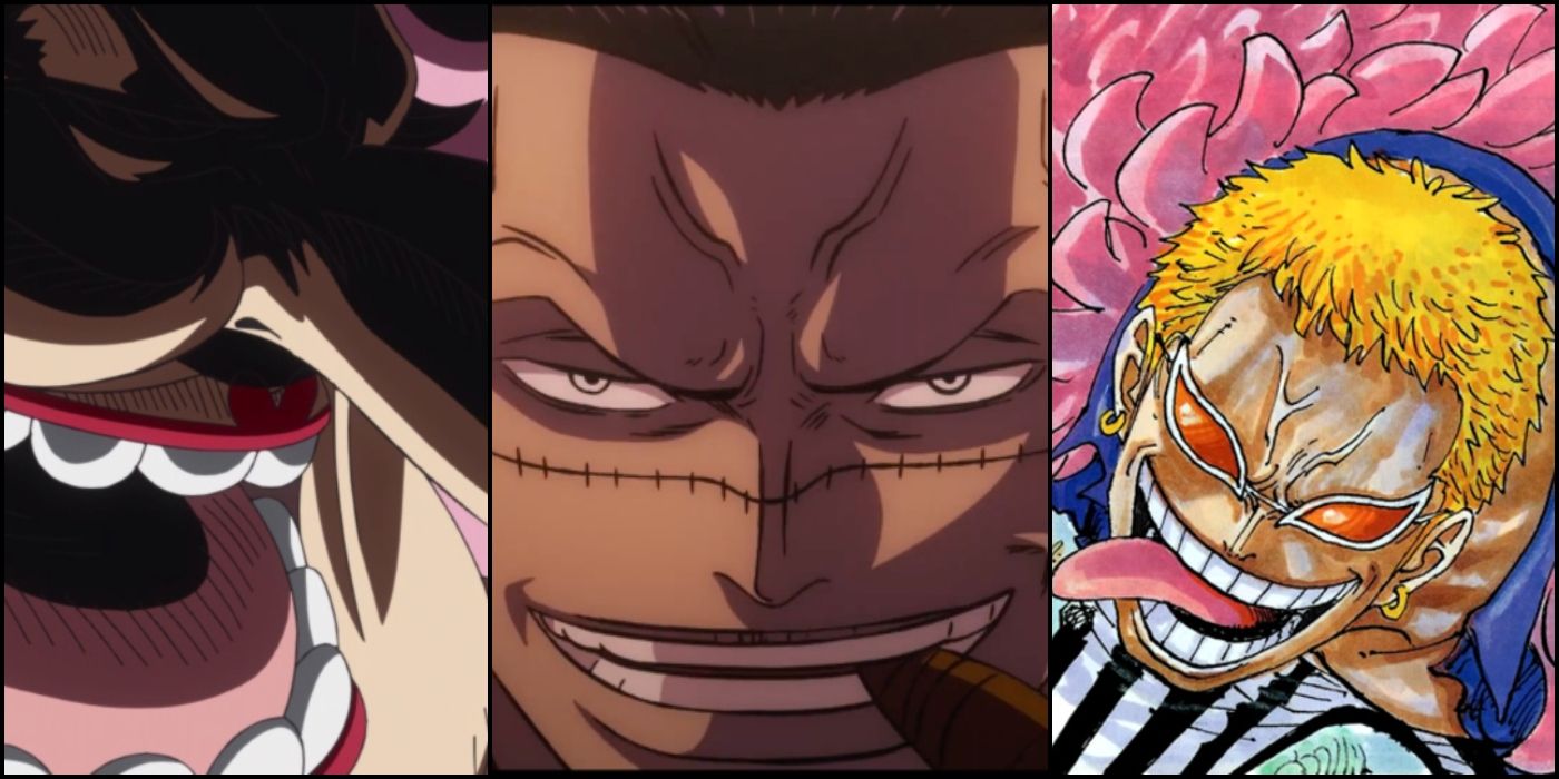 A split image of close-ups of Big Mom, Crocodile, and Doflamingo from One Piece