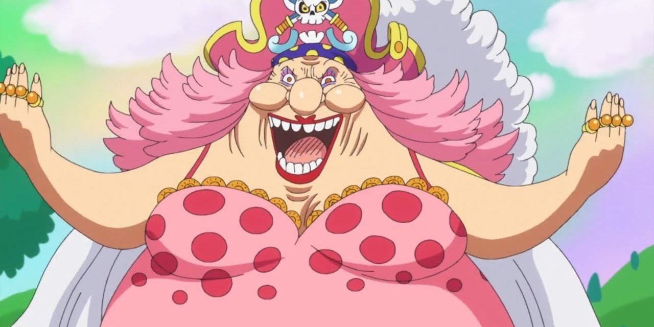 Big Mom from One Piece raises her hands while laughing.