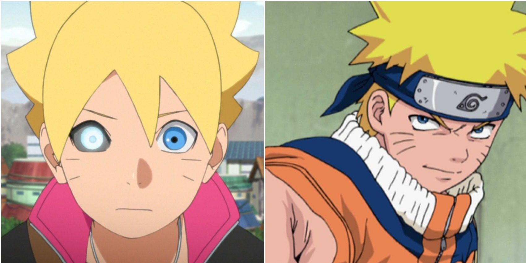 Split image of Naruto and Boruto posing