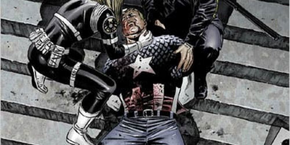 Sharon Carter cradles Captain America Steve Rogers after he's shot after surrendering in Civil War 