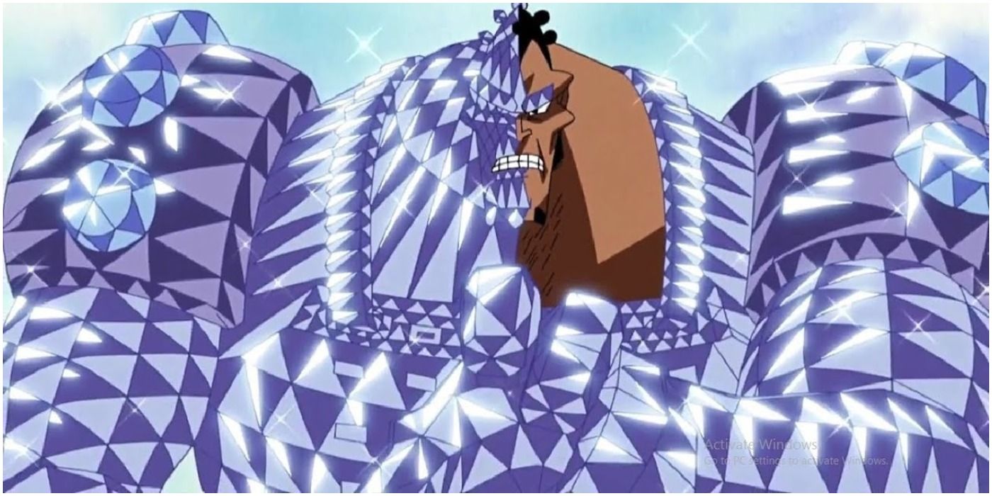 Jozu turning his body into diamond to block Mihawk's attack in One Piece.