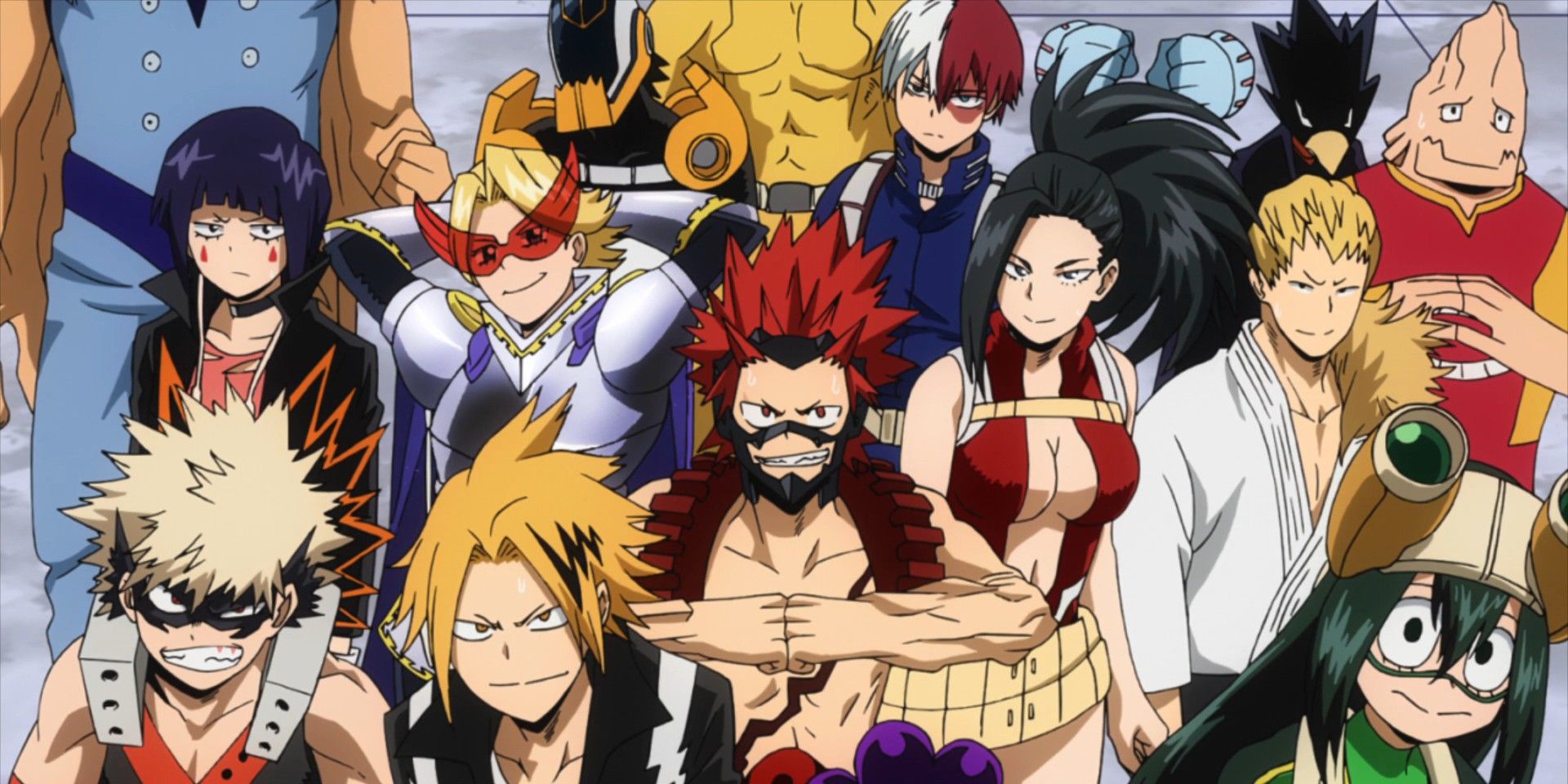 Class 1-A from My Hero in their hero costumes.