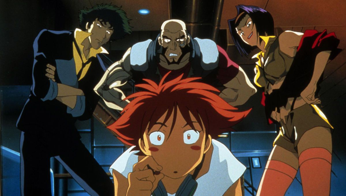Spike, Faye, Edward, and Jet Black look at the camera curiously in Cowboy Bebop