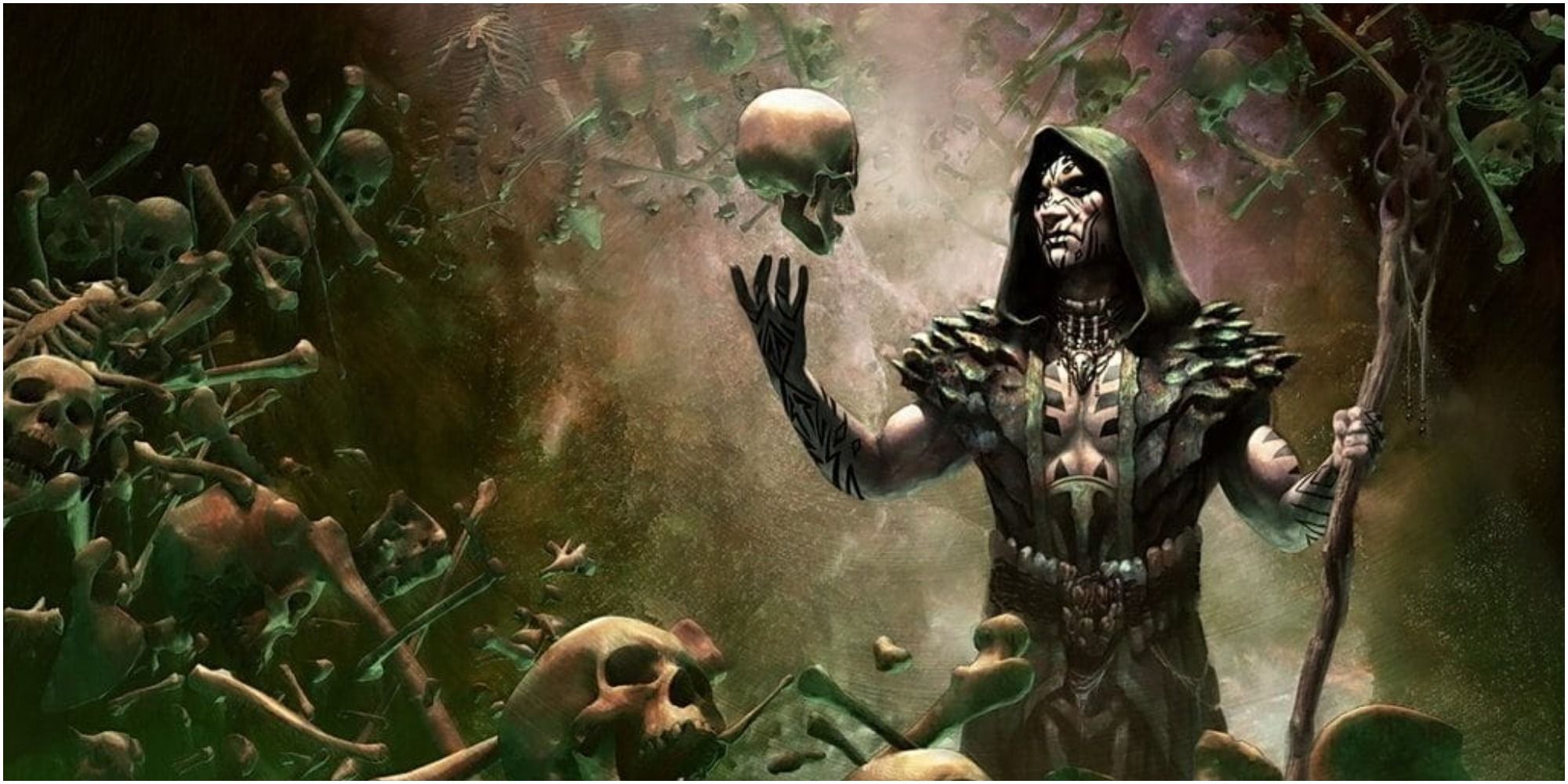 A dnd druid holding a levitating skull