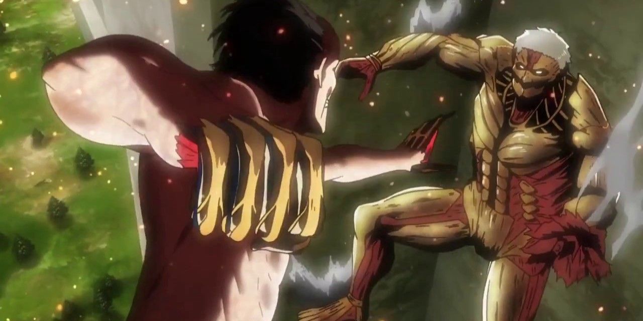 Eren in the air ready to punch the armored titan