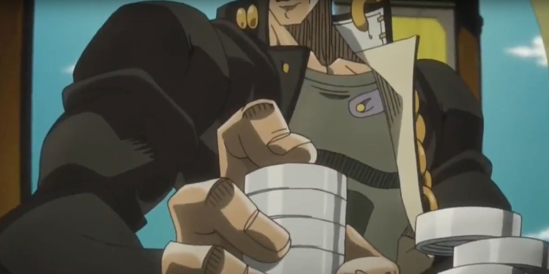 Jotaro holding Poker Chips during his game against D'Arby in JoJo's Bizarre Adventure.