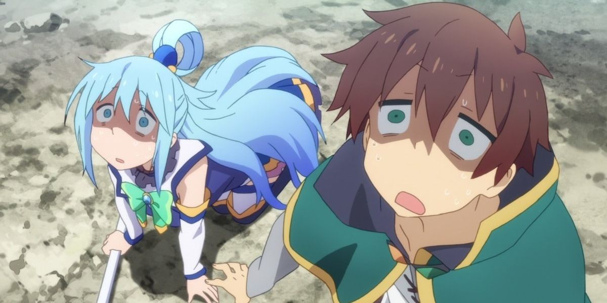 Kazuma and Aqua looking bleak in Konosuba