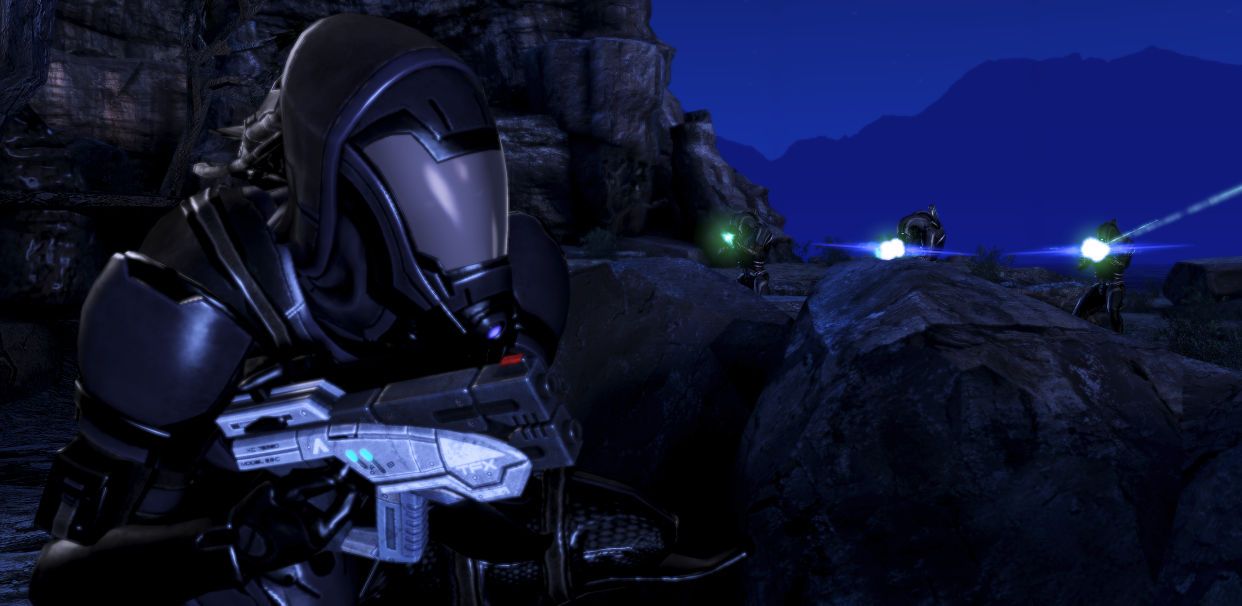 Geth shooting at the character in Mass Effect