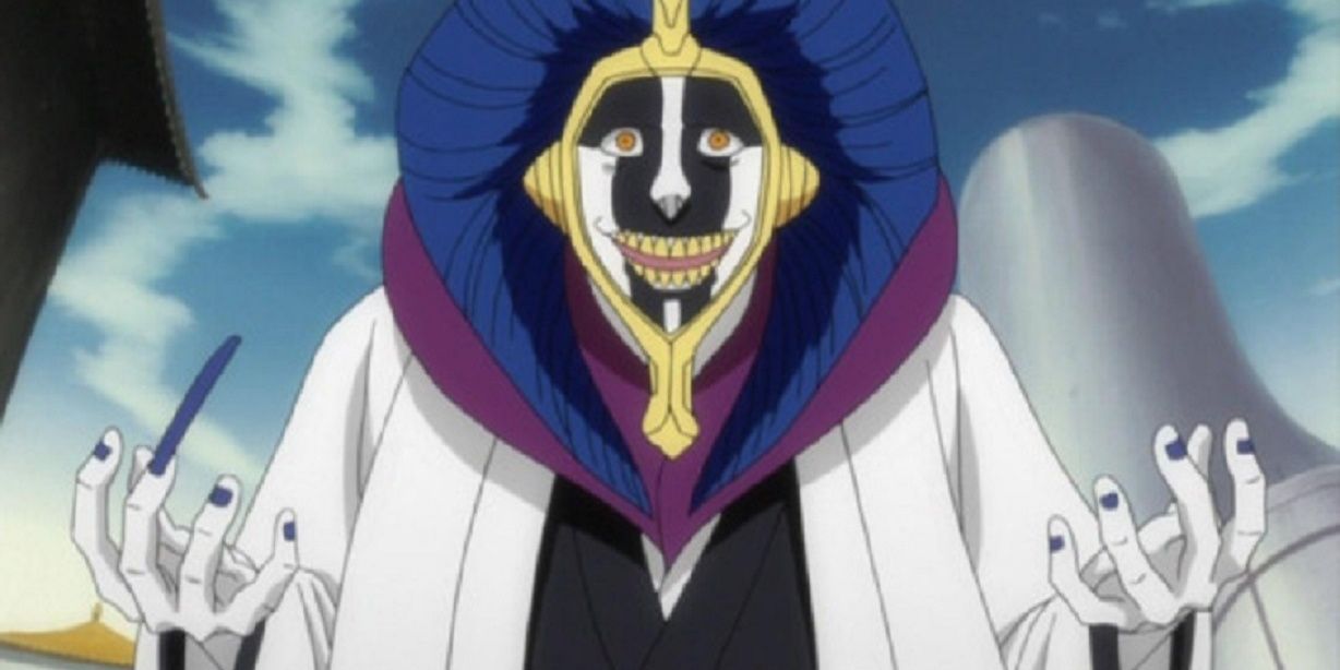 Captain Mayuri Kurotsuchi with his hands raised and grinning in Bleach.