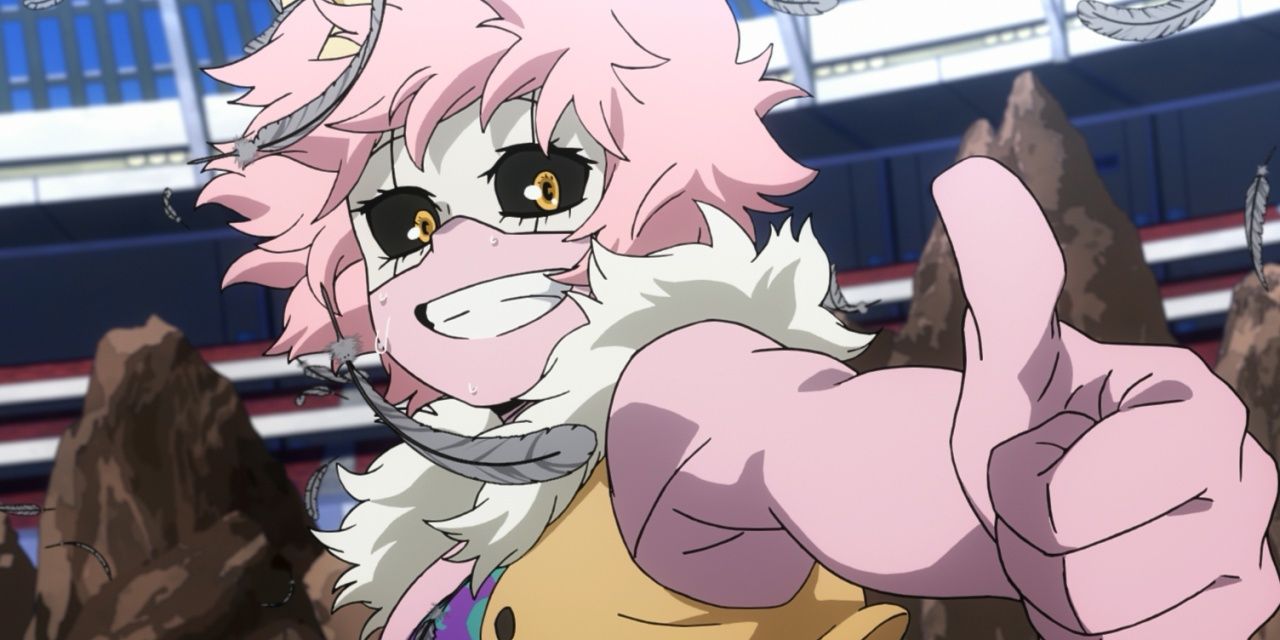 Mina Ashido flashes a thumbs up after battle in My Hero Academia