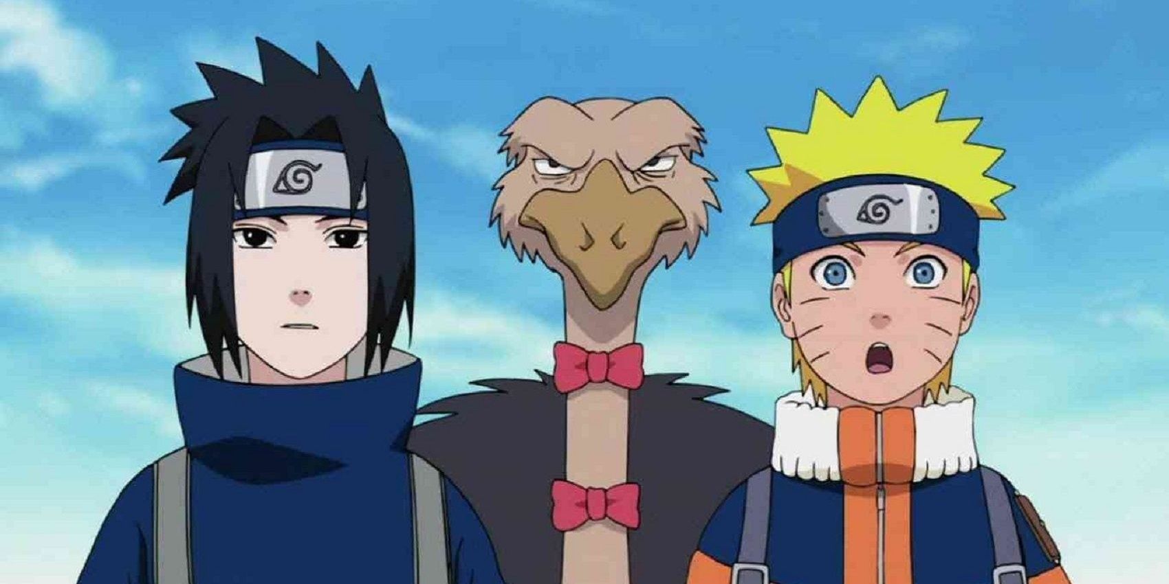 Naruto, Sasuke, and Condor standing on a road (Naruto)