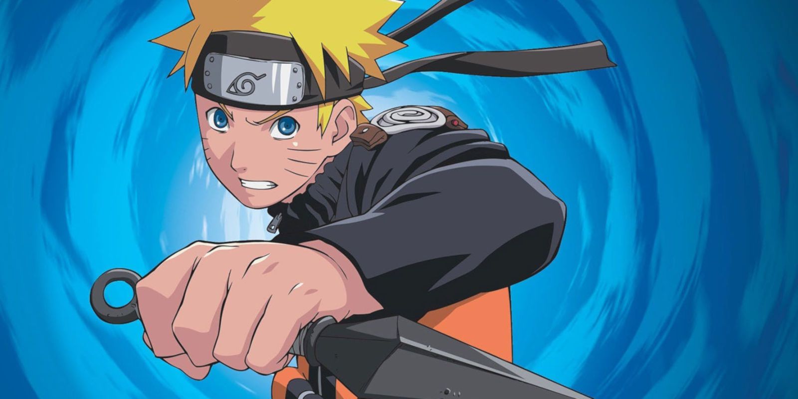 Naruto Uzumaki brandishes a Kunai knife against a blue background