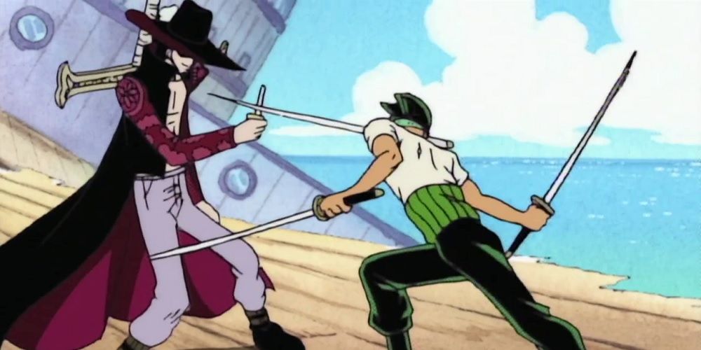 Zoro versus Mihawk in One Piece.