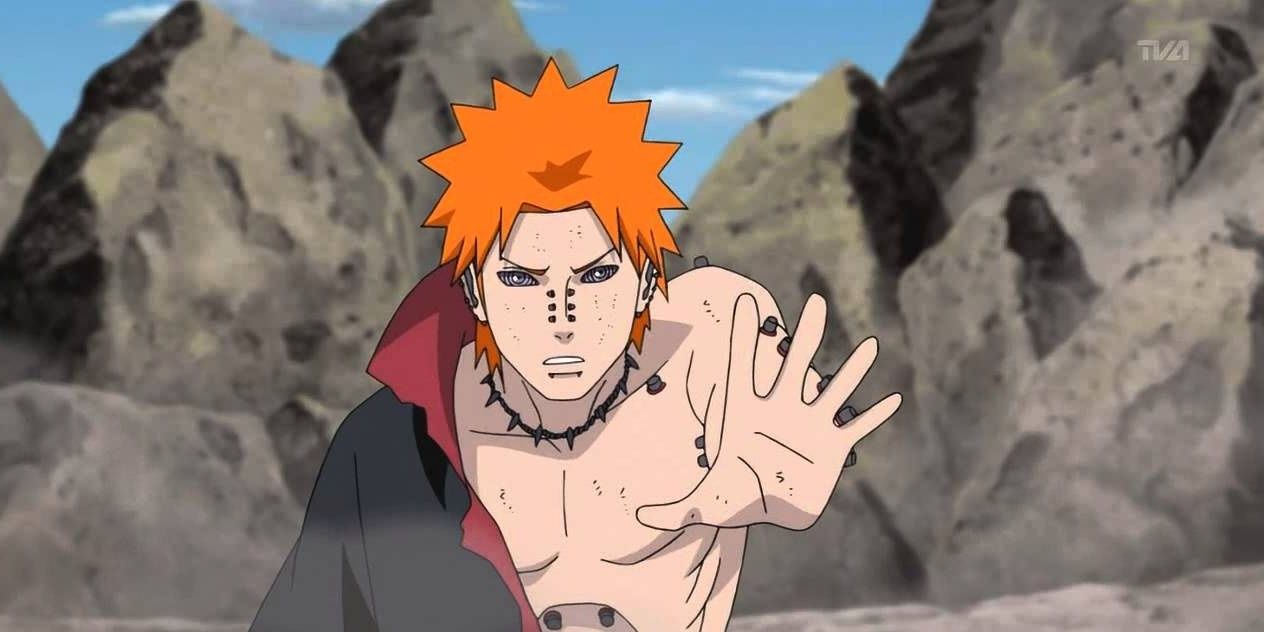 Pain raising his hand toward something in the remains of Konoha in Naruto Shippuden.