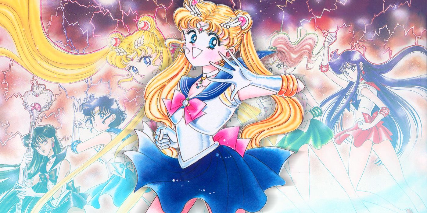 The main cast of Sailor Moon in the original manga with Usagi smiling in the center