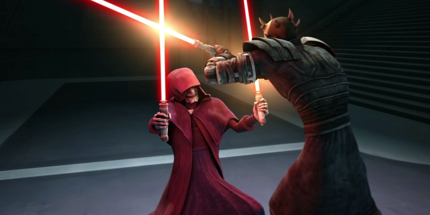 sidious maul lightsaber battling one another